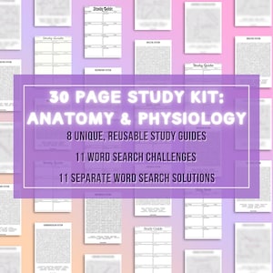 Peut inclure: Un kit d'étude de 30 pages sur l'anatomie et la physiologie, comprenant 8 guides d'étude, 11 défis de recherche de mots et 11 solutions. L'image présente un fond dégradé avec diverses pages de guides d'étude et de recherche de mots.