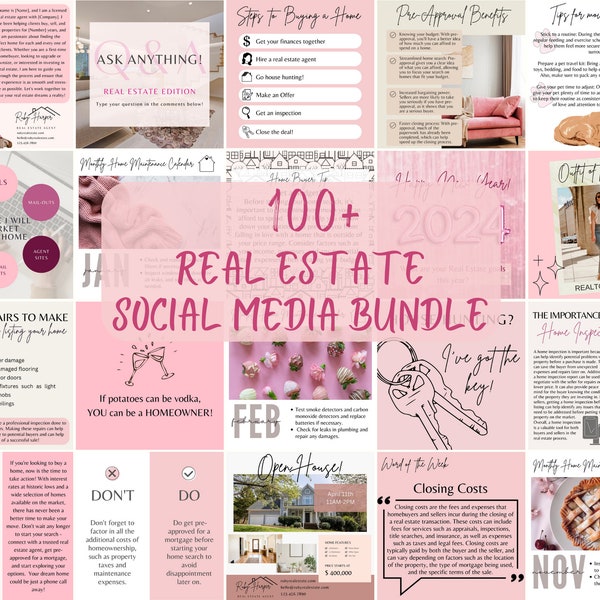 Pacote de mídia social imobiliária com mais de 100 lindos em Canva rosa personalizável