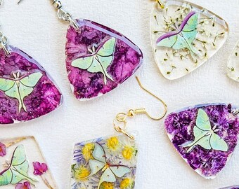Resin Luna Moth Earrings: Real Flowers, Zinc Alloy Dangle Earrings