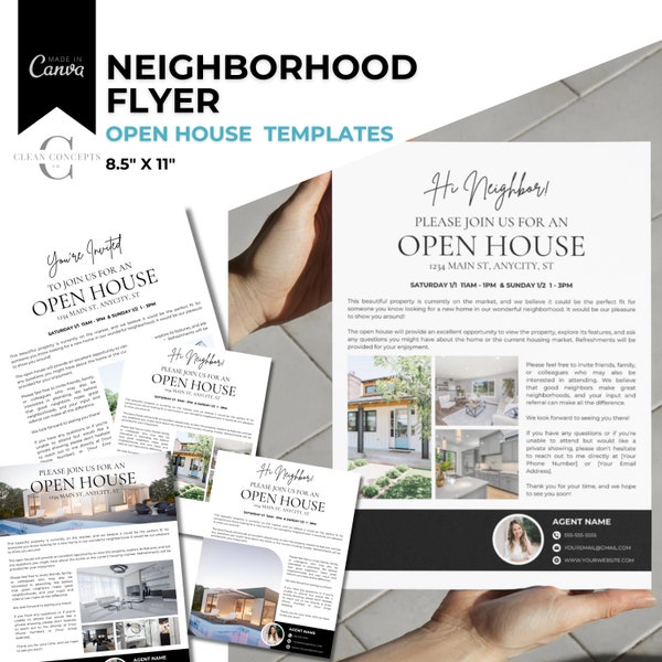 Neighborhood Flyer Templates for Open Houses, Real Estate Canva Templates, Open House Marketing, Realtor Marketing