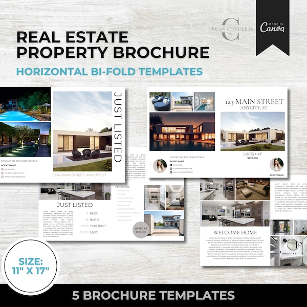 Horizontal Bi-Fold Property Brochure Canva Template, Real Estate Marketing for Open Houses, Property Marketing, Real Estate Templates