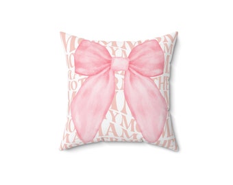 Coquette Mom Spun Polyester Square Pillow, oreiller arc rose, décor coquette, cadeau pour maman, cadeau Girly, cadeaux maman, maman, bruh, maman