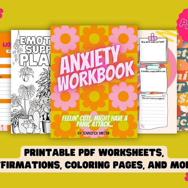 Anxiety Worksheets | Anxiety Coloring Pages | Instant Digital Download | Retro Anxiety Relief Printables | Anxiety Bundle | Therapy Tools