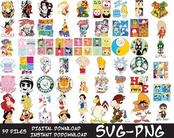 Puede incluir: Una colección de 59 archivos SVG y PNG de personajes de dibujos animados coloridos para descargar digitalmente. Las imágenes incluyen personajes populares como Bob Esponja, Garfield y las Chicas Superpoderosas.