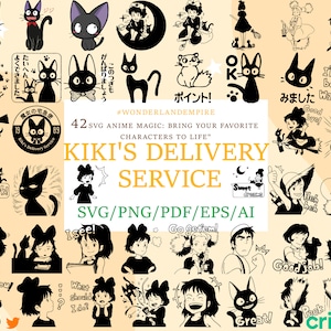 Pode incluir: Um conjunto de 42 arquivos digitais SVG em preto e branco com personagens do filme de anime Kiki Entregas a Domicilio. As imagens incluem Kiki, Jiji o gato preto e outros personagens do filme. O texto "Kiki's Delivery Service" está escrito em letras grandes na parte superior da imagem. O texto "SVG/PNG/PDF/EPS/AI" está escrito em letras menores abaixo do título. O texto "#WONDERLANDEMPIRE" está escrito em letras menores na parte superior da imagem.