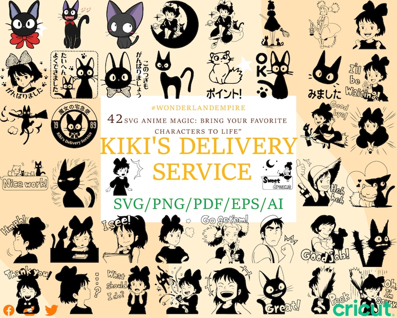 Pu&ograve; includere: Un set di 42 file digitali SVG in bianco e nero con personaggi del film d'animazione Kiki consegna a domicilio. Le immagini includono Kiki, Jiji il gatto nero e altri personaggi del film. Il testo "Kiki's Delivery Service" &egrave; scritto in grandi lettere nella parte superiore dell'immagine. Il testo "SVG/PNG/PDF/EPS/AI" &egrave; scritto in lettere pi&ugrave; piccole sotto il titolo. Il testo "#WONDERLANDEMPIRE" &egrave; scritto in lettere pi&ugrave; piccole nella parte superiore dell'immagine.