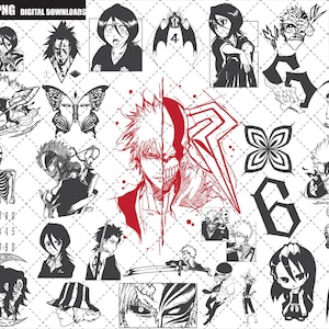 May include: A digital download graphic featuring various black and white anime-style illustrations. The images include character portraits, a butterfly, a skeleton, and stylized numbers. The word "SVG PNG DIGITAL DOWNLOADS" is at the top.
