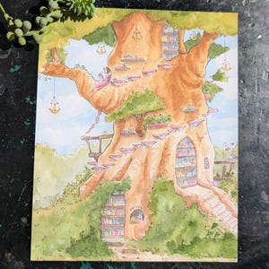 May include: Watercolor illustration of a treehouse library. The tree has a large brown trunk with pink platforms and shelves holding books. A person in a pink dress reads on a branch. The word "RETURN" is visible on the building.