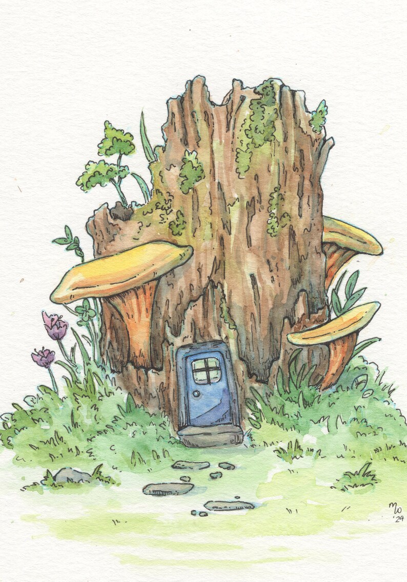 The Mushroom Tree House Print of a Watercolor Painting, Blue Door