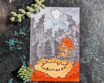 May include: A watercolor painting of a small cottage in the woods. The cottage has a red roof and a yellow door. The trees are dark green and the ground is covered in orange leaves. There is a full moon in the sky.
