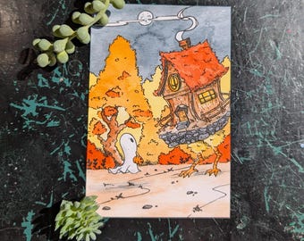 May include: A watercolor painting of a ghost walking past a house on chicken legs. The house has a red roof and a stone foundation. The background is a forest with fall foliage.