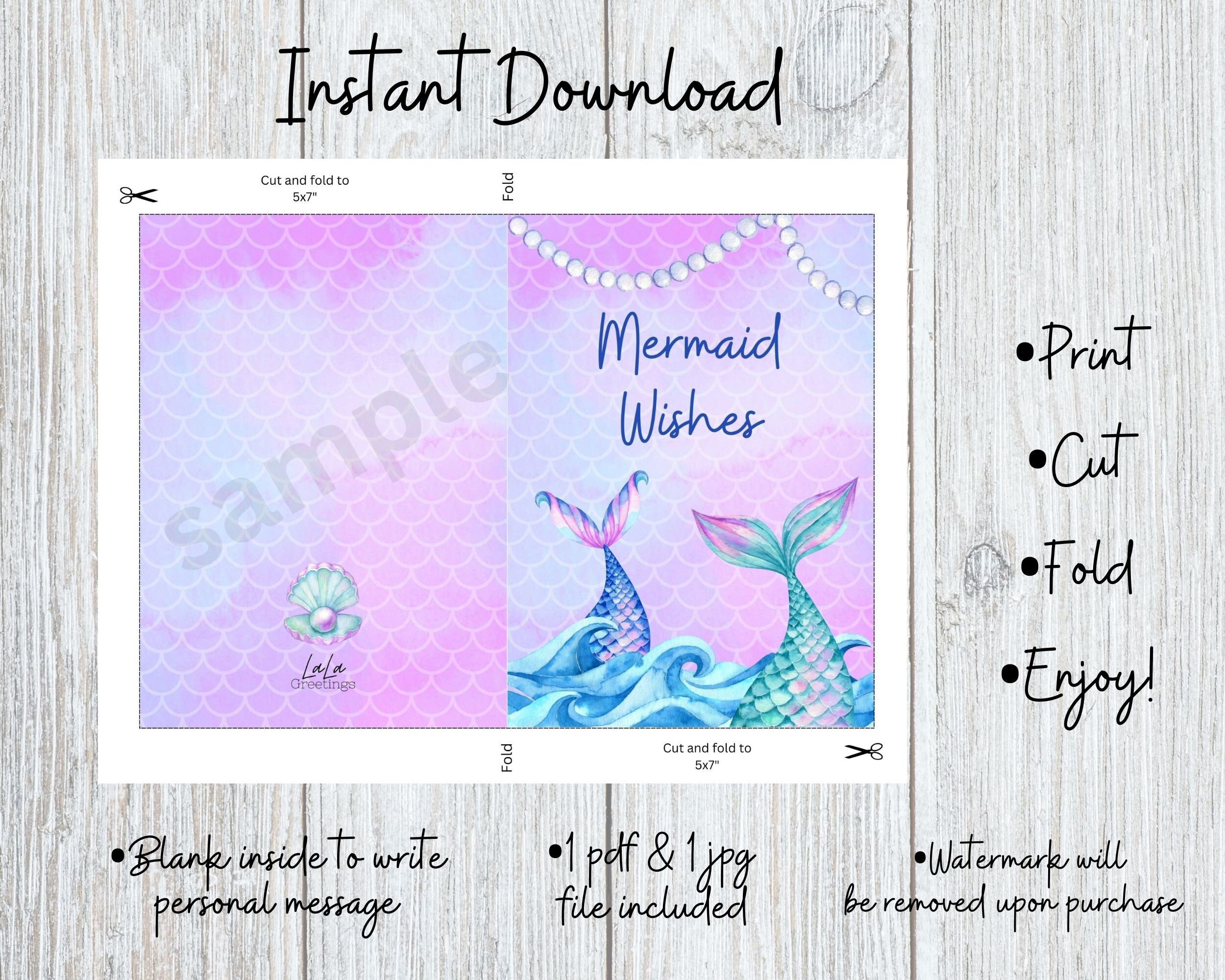 Printable Mermaid Birthday Greeting Card 5x7 Digital Download - Etsy