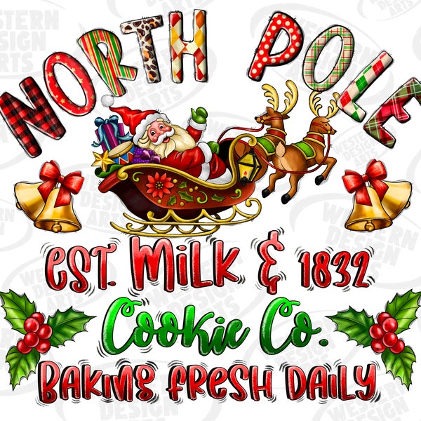 North Pole Est Milk And Cookie Co Baking Fresh Milk,Reindeer Print DIY Sign Making,Home Decor Fabric Transfer,Digital Wreath Accent