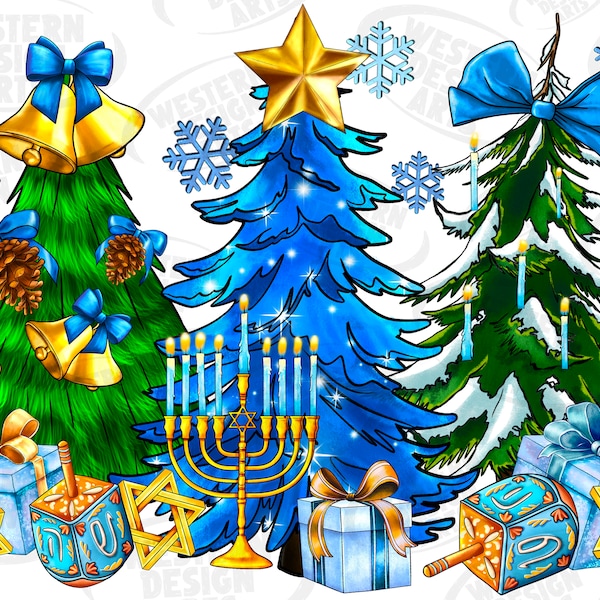 Hannukah Christmas trees png sublimation design download, Merry Christmas png, Happy Hannukah png, sublimate designs download