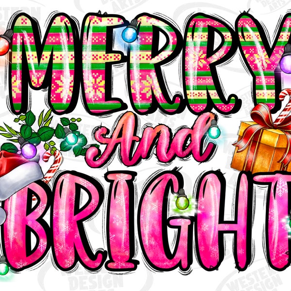 Merry And Bright Christmas Png Sublimation Design Download, Christmas Png, Merry And Bright Png, Western Christmas Png, Sublimate Download