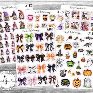 May include: A collection of sticker sheets featuring various designs. Includes sheets with gnomes, bows, Halloween-themed images like pumpkins, bats, and ghosts, and text such as "BOO!" and "SPOOKY CUTE." The brand name "Twisted Stationery" is visible.