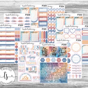 May include: A collection of planner stickers from Twisted Stationery. The stickers feature various designs, including inspirational quotes, decorative elements, and functional labels. Colors include blue, orange, and pink. The stickers are designed for use in planners and journals.
