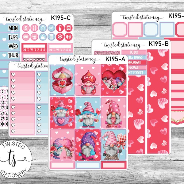 Valentine Gnomes Weekly Kit Stickers, Planner Sticker, Scrapbooking, Bullet Journal, No White Space Kit, Vertical Planner Stickers