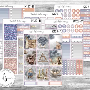 May include: A collection of planner stickers with a Harry Potter theme. The stickers feature illustrations of an owl, books, and other magical elements. The color palette includes shades of blue, purple, and peach. The stickers are labeled with the text "Twisted Stationery" and various codes.