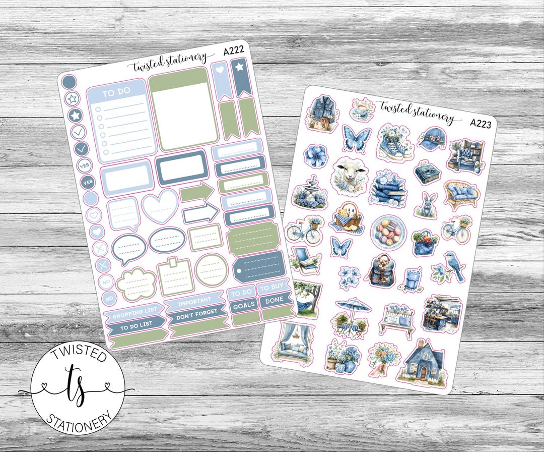 Denim Blue Blooms Spring Flower Deco Set Sticker Sheet, Weekly Planner ...