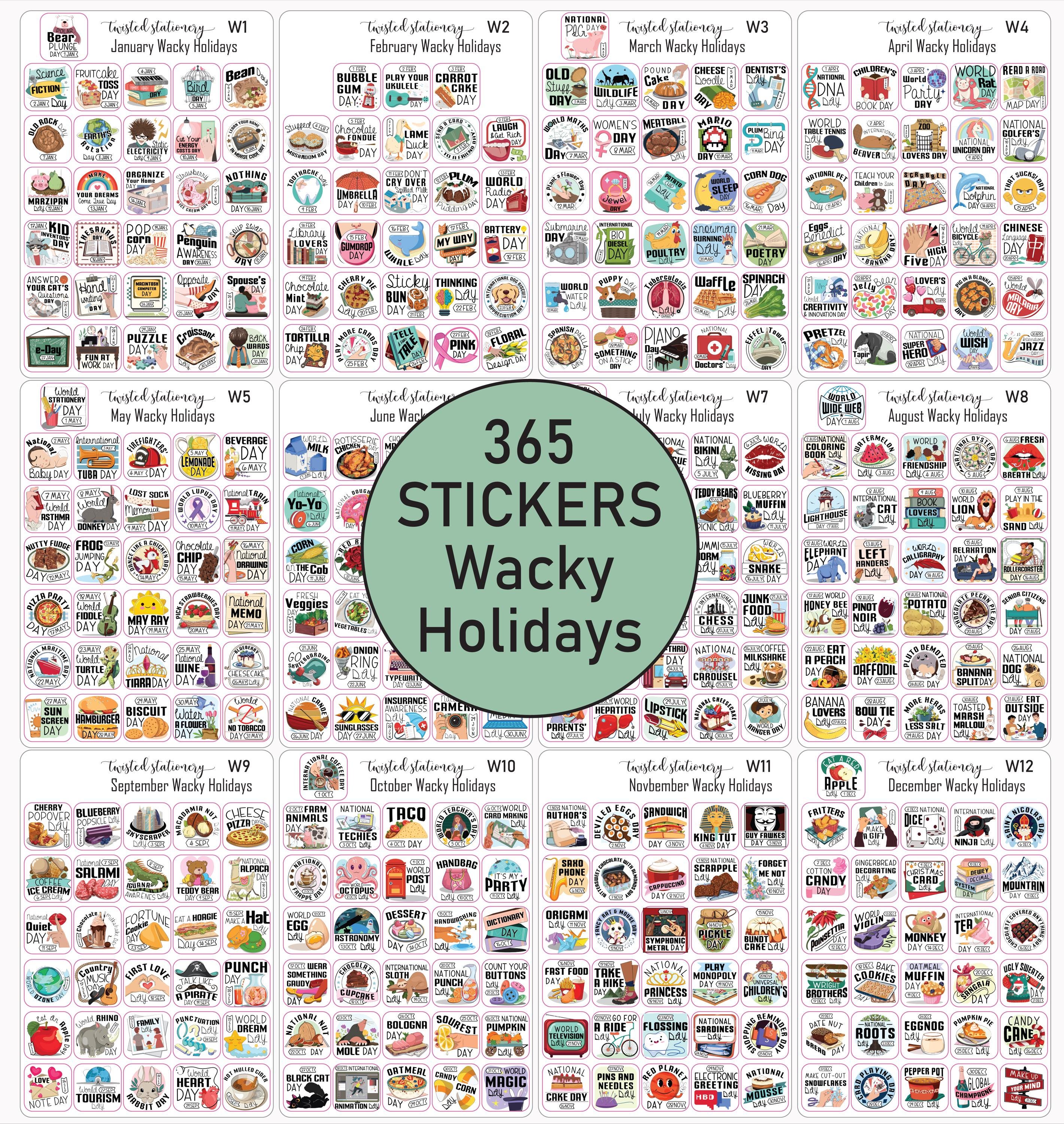 Full Year of Wacky Holiday Stickers, Monthly Deco, Planner Stickers