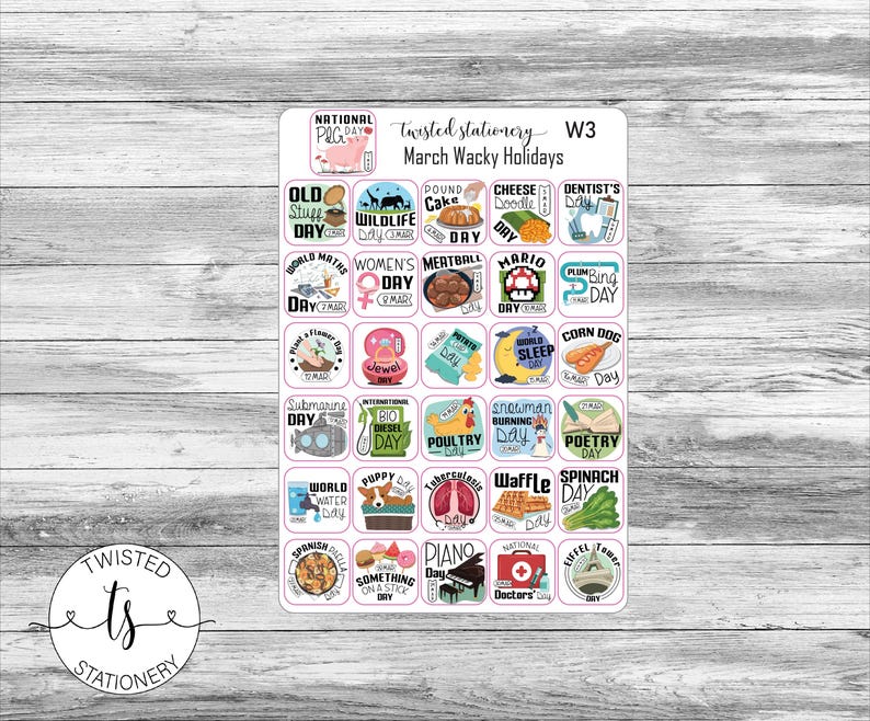 March Wacky Holiday Stickers, Monthly Deco, Planner Stickers