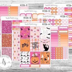 May include: A collection of planner stickers with a Halloween theme. The stickers feature pink, orange, and black colors, with images of pumpkins, bats, ghosts, and cats. The text "BOO" and "TRICK OR TREAT" are also visible.