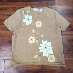 VTG Alfred Dunner shirt dames 1X trui met korte mouwen geborduurd bruin bloemen