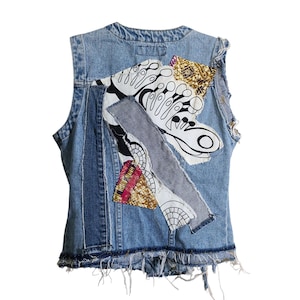 VTG 90s Request Jean Patchwork Distressed Denim Vest Women M Cotton Maximalist