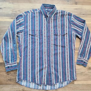 VTG 90s Wrangler Brushpopper X-Long Tails Button Up Shirt Mens M 15 1/2-33 Aztec
