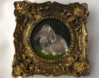 Pequeña pintura al óleo ORIGINAL, retrato de un conejo en marco dorado estilo vintage, 11 cm