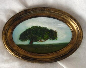 Small Oil Landscape Painting in Vintage Style Frame, Landscape Tree 17 x 12 cm