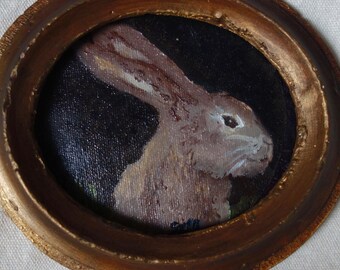 Pequeño cuadro al óleo ORIGINAL, retrato de conejo en marco vintage hecho a mano. 15,5 X 14 cm