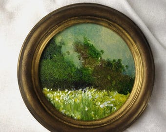 Petite peinture ORIGINALE à l'huile, paysage d'été, dans cadre fait main de style vintage, 14 cm