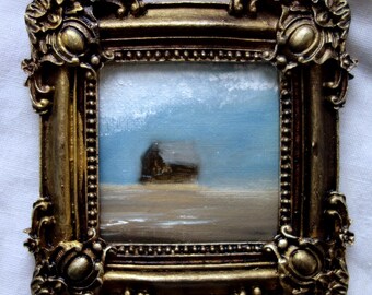 Petite peinture ORIGINALE à l'huile de paysage miniature avec maison dans cadre de style vintage 11 cm