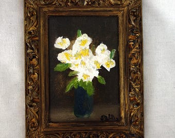 植物の油彩画 装飾フレーム付き ビンテージ花油絵6枚セット、フレーム付き静物画ブーケ、ミニフラワー