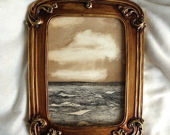 ORIGINAL painting,vintage framed seascape draw ink,  framed seascape ink, original handmade ink in golden frame, vintage home decor