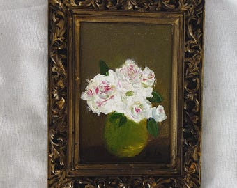 Small oil painting, bouquet of flowers in handmade vintage style frame, 14 x 10 cm