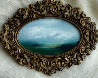 Petite peinture ORIGINALE à l'huile, paysage dans cadre de style vintage fait main, 14.5 x 11 cm
