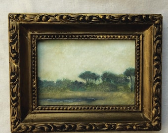 Small oil landscape painting in vintage style gilded frame, framed landscape