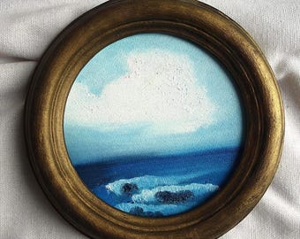 Klein ORIGINEEL olieverfschilderij, landschap, zeezicht in vintage stijl handgemaakte lijst, 13,5 cm