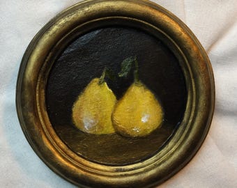 Pequeño cuadro al óleo ORIGINAL, bodegón con peras en marco hecho a mano estilo antiguo, decoración de cocina vintage, 14 cm