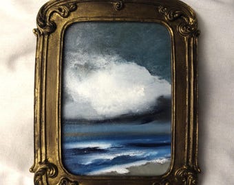 Petite peinture ORIGINALE à l'huile, vue de mer dans cadre de style vintage, 17 x 23 cm