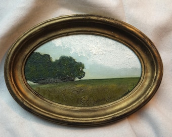 Small Oil Landscape Painting in Vintage Style Frame, Pasture Landscape with Sheep 17 x 12 cm