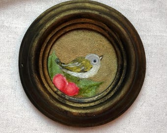 Small watercolor painting, bird and flower in a handmade vintage style frame, bird painting in a small round antique frame