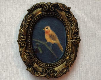 Small watercolor painting, bird in a handmade vintage style frame, bird painting in a small antique frame