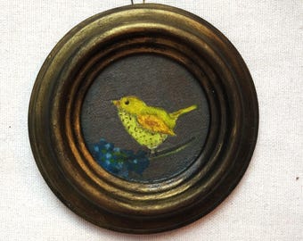 Small watercolor painting, bird in a handmade vintage style frame, bird painting in a small round antique frame, 9 cm