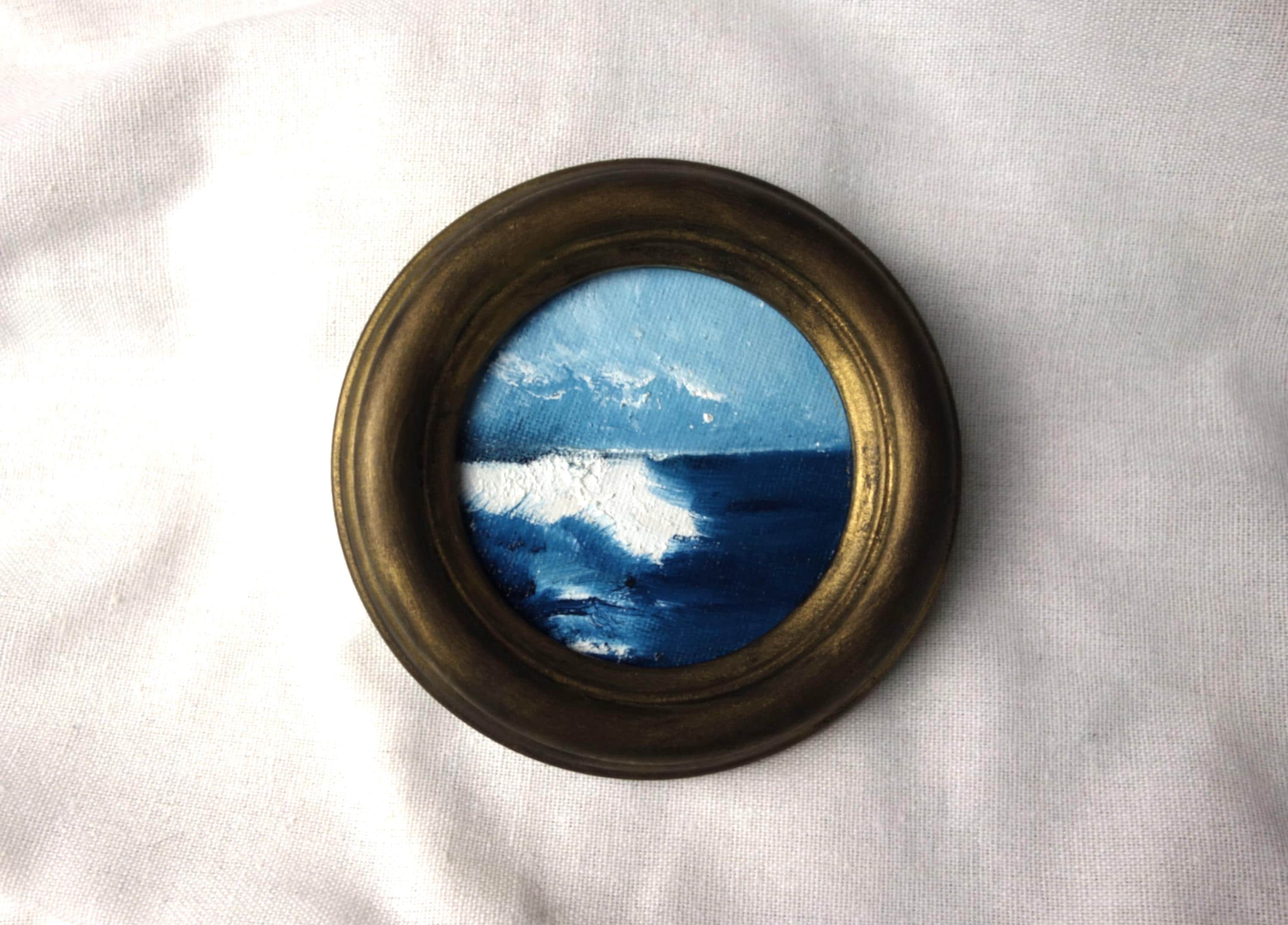 海の風景 油彩画 金色フレームなし 小さな油絵、海の風景、ヴィンテージスタイルの手作りゴールド