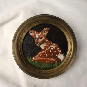 Vintage framed fawn portrait, small original fawn painting, fawn oil painting