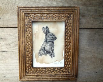 Tekening met inkt en walnootbeits, illustratie van een konijn, origineel kunstwerk op handgemaakt papier, 13 x 18 cm, oningelijst.